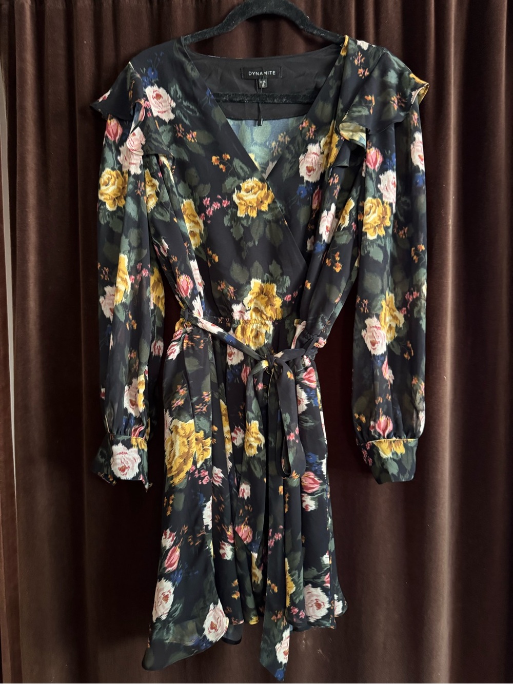Dynamite Black Floral Faux Wrap Dress with Yellow and Pink Roses